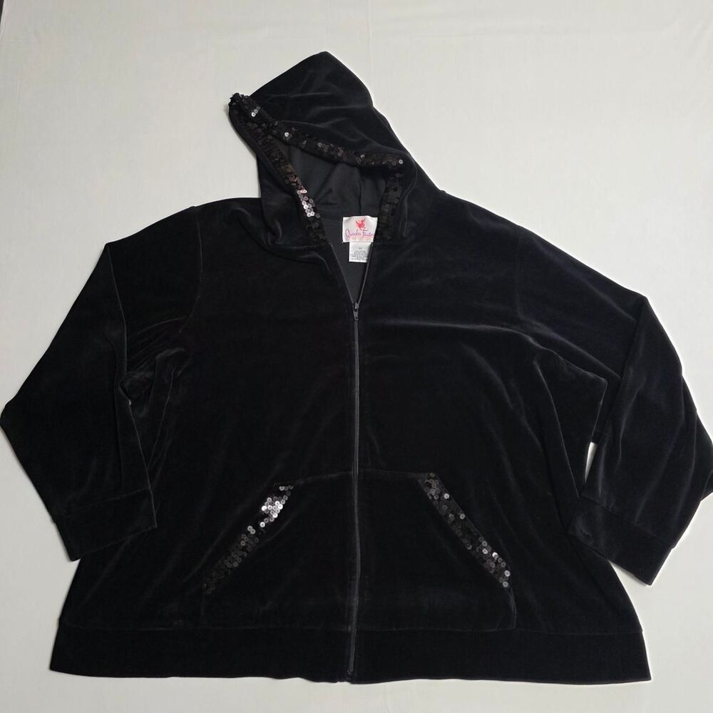 Quacker Factory Black Velour Sequin Accented Full-Zip Hoodie Women's 3X